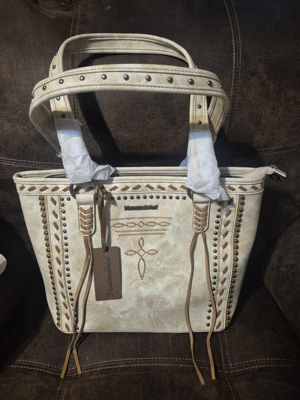 Montana West Cream and Brown Embroidered Tote with Stud Accents